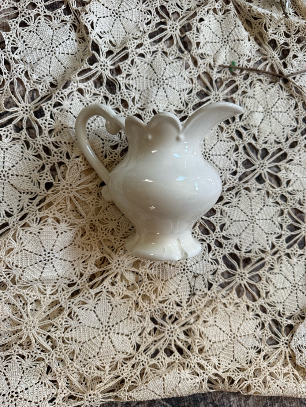 Vintage Cream Ceramic Pitcher - Scalloped Rim Accent - Picture 1 of 8